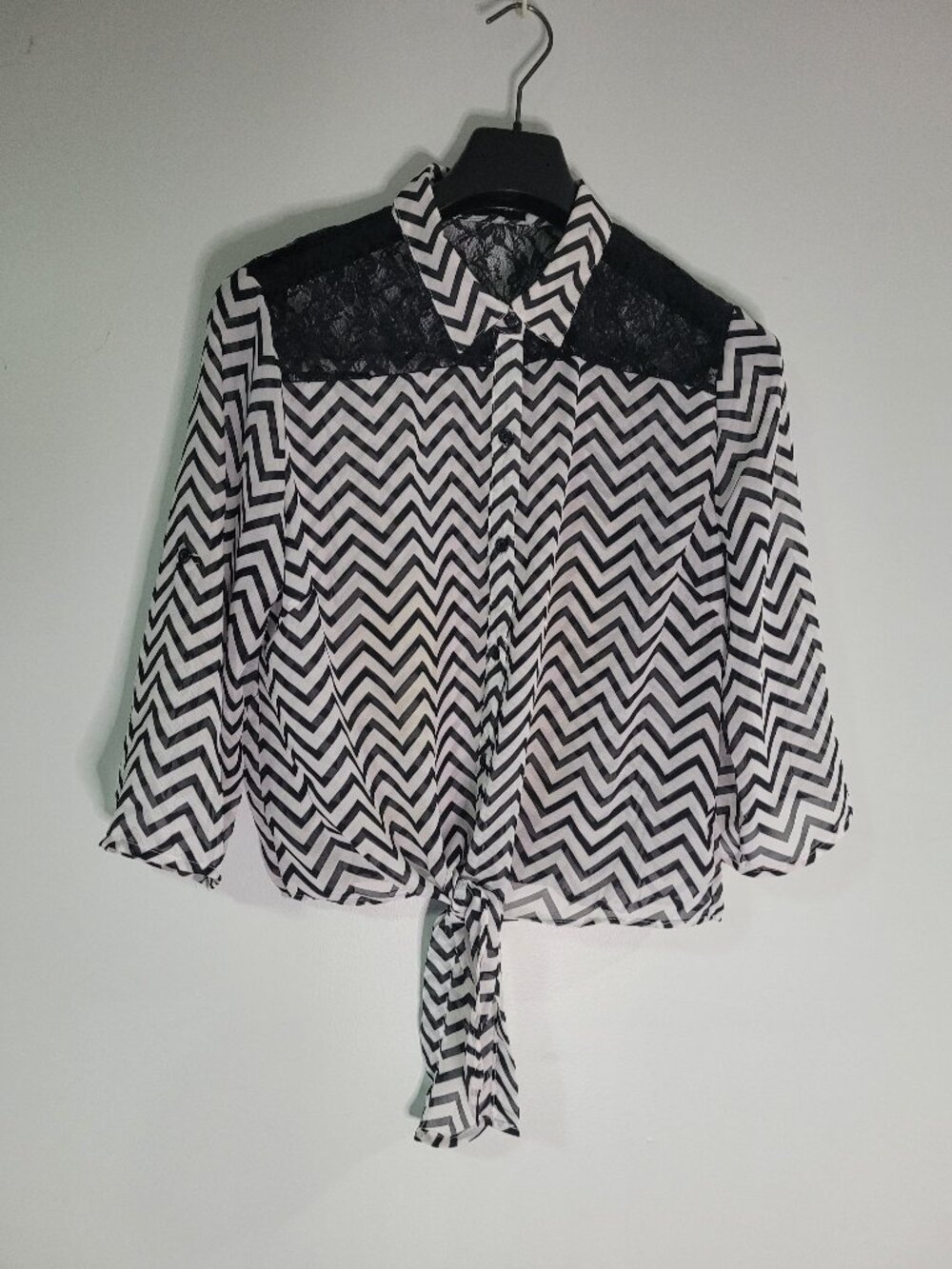 Candy Couture Women’s Black White Chevron Lace Bodysuit Blouse Long Sleeve